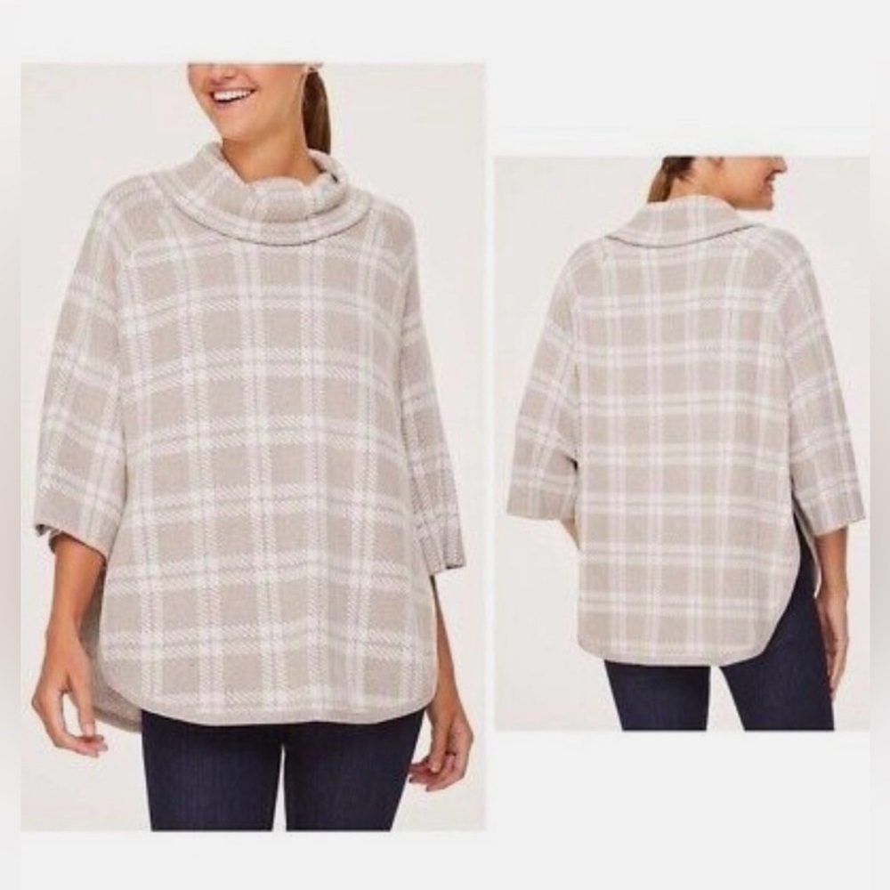 LOFT Outlet Tan Plaid Turtleneck 3/4 Sleeve Poncho‎ Knit Sweater M/L